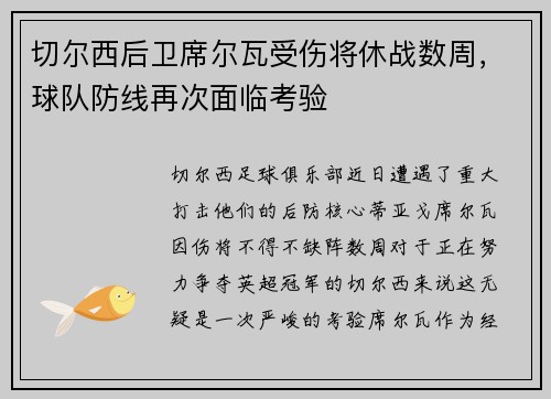 切尔西后卫席尔瓦受伤将休战数周，球队防线再次面临考验
